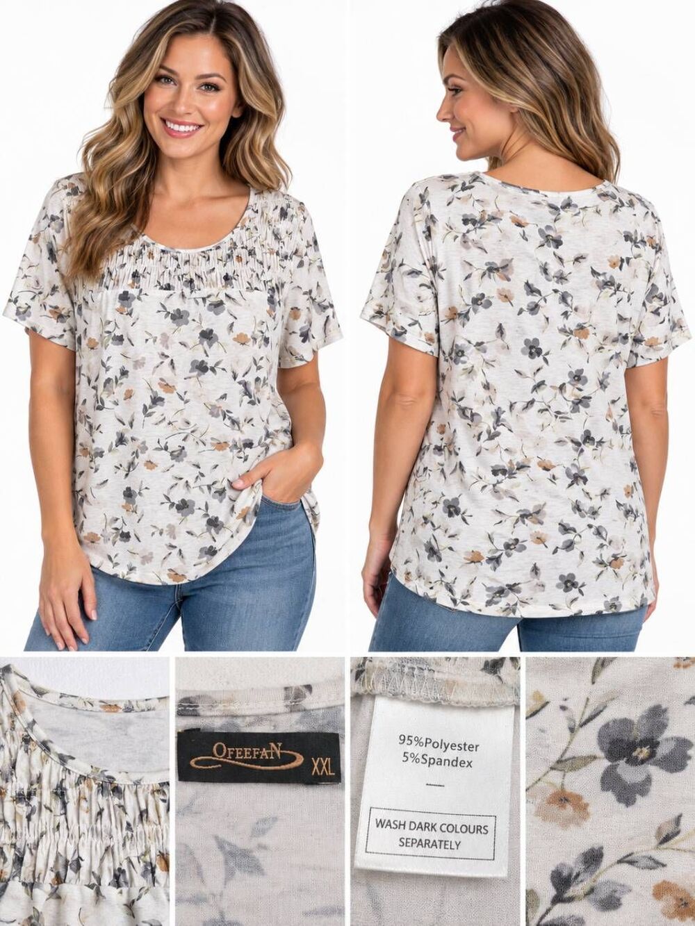 OFEEFAN Floral Short Sleeve Top Womens XXL Stretch